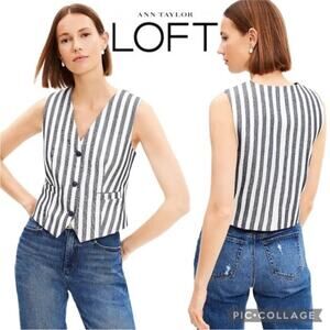LOFT Textured Navy Blue White Striped Button Front Pocket Vest Top 2024 Small